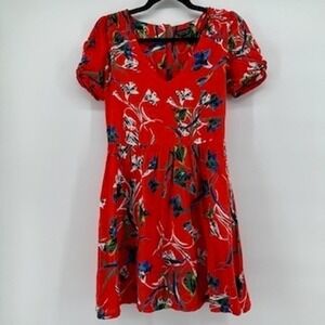 Topshop‎ Size 6 Red Floral Print V Neck Puff Sleeve Fit & Flare Dress Women's